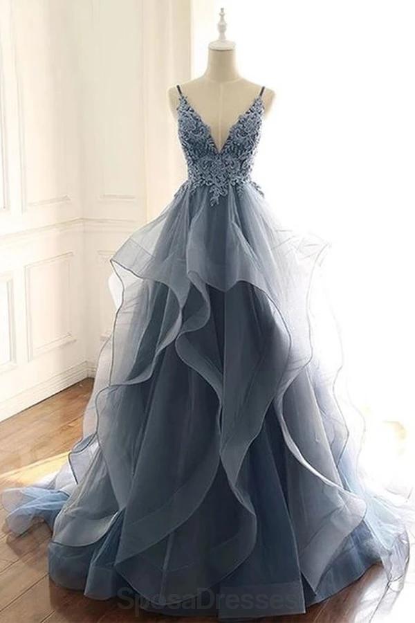 Elegant Dusty Blue V-Neck Spaghetti Strap Lace Beaded Prom Dress | Formal Evening Gown for Homecoming, Wedding, Party | Style 12170