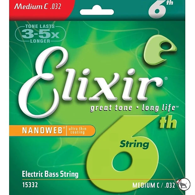 Elixir 15332 Custom Nickel Plated Steel Single 6th Electric Bass String Medium C (.032) - Premium Replacement String for Bass Guitar Players - Perfect for Studio Recording & Live Performances