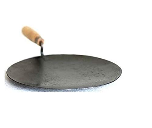 9 Inch Iron Tawa Roti Maker - Heavy Duty Chapati Tava with Wooden Handle & Stainless Steel Tong - Includes Wooden Roti Fluffer - Black/Silver/Brown - Perfect for Indian Cooking, Flatbread Making & Home Kitchen Use