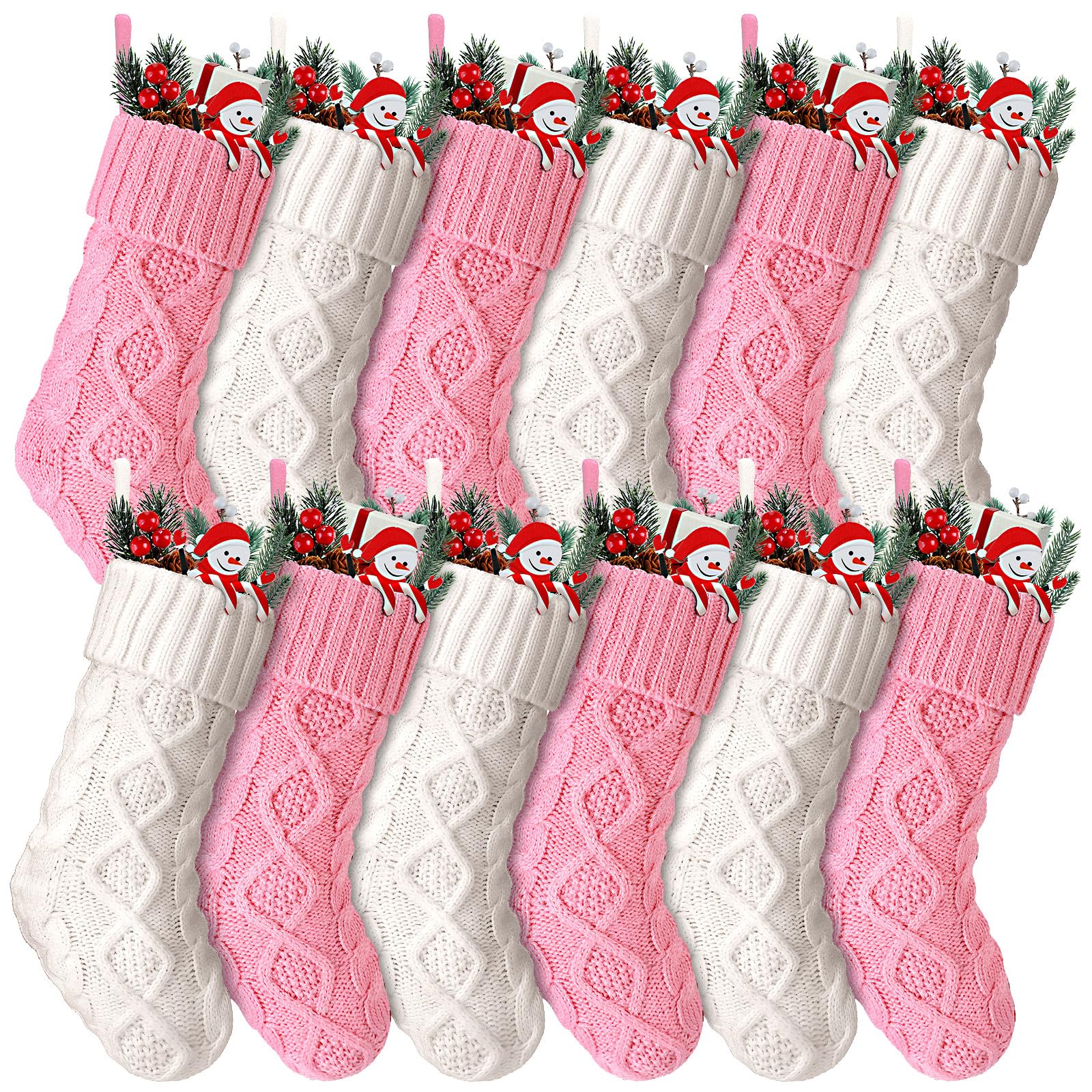12 Pack Pink & White Knitted Christmas Stockings - Double Sided Rustic Xmas Socks for Fireplace Hanging (8.3 Inch) - Vintage Holiday Decor for Family, Gift Exchange & Christmas Tree Decoration