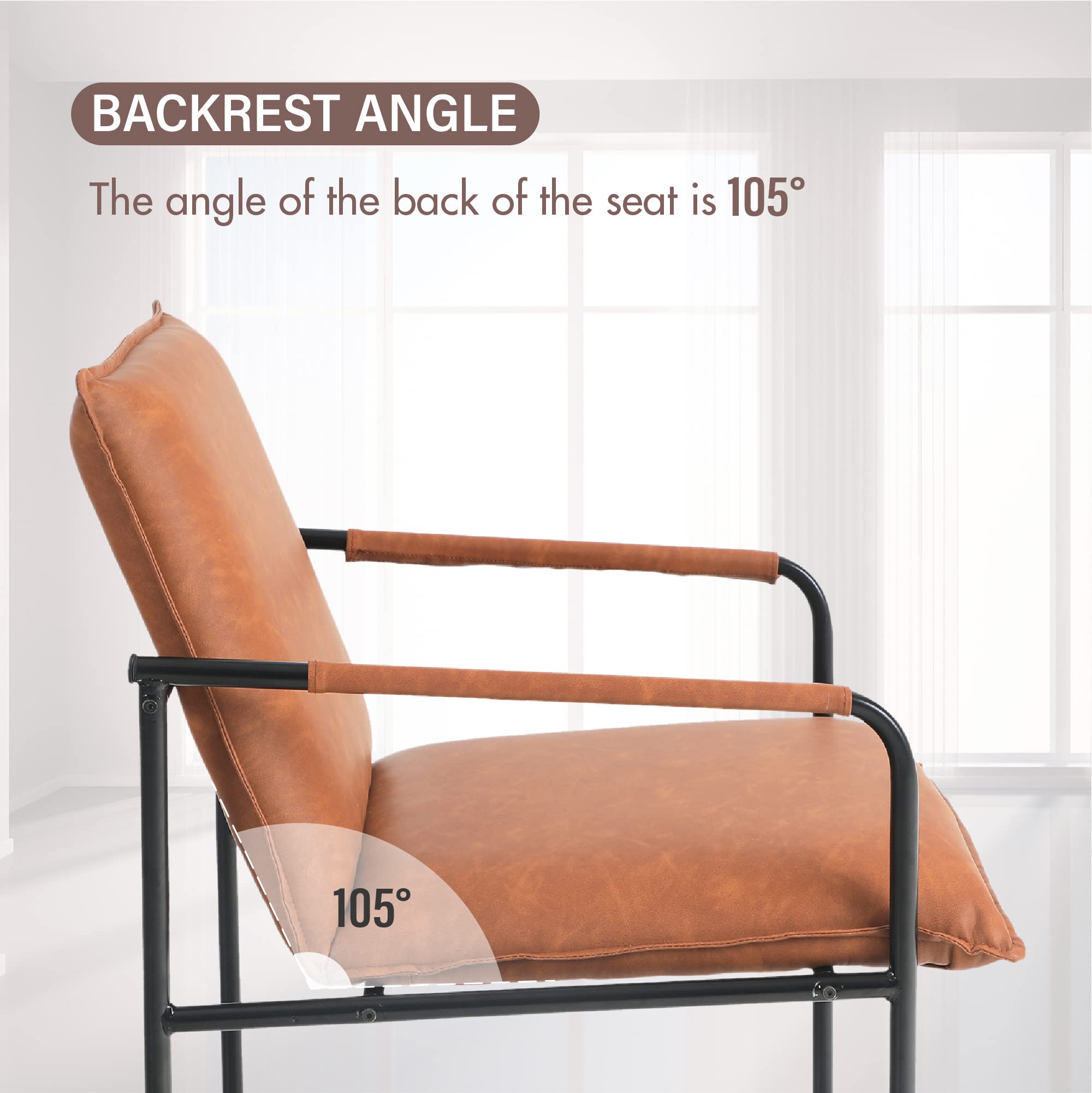 MAISON ARTS Mid Century Modern Faux Leather Accent Lounge Chair - Retro Steel Frame Armchair for Living Room, Bedroom & Office - 350LBS Weight Capacity - Pale Brown - Perfect for Small Spaces, Reading Nooks & Cozy Home Decor