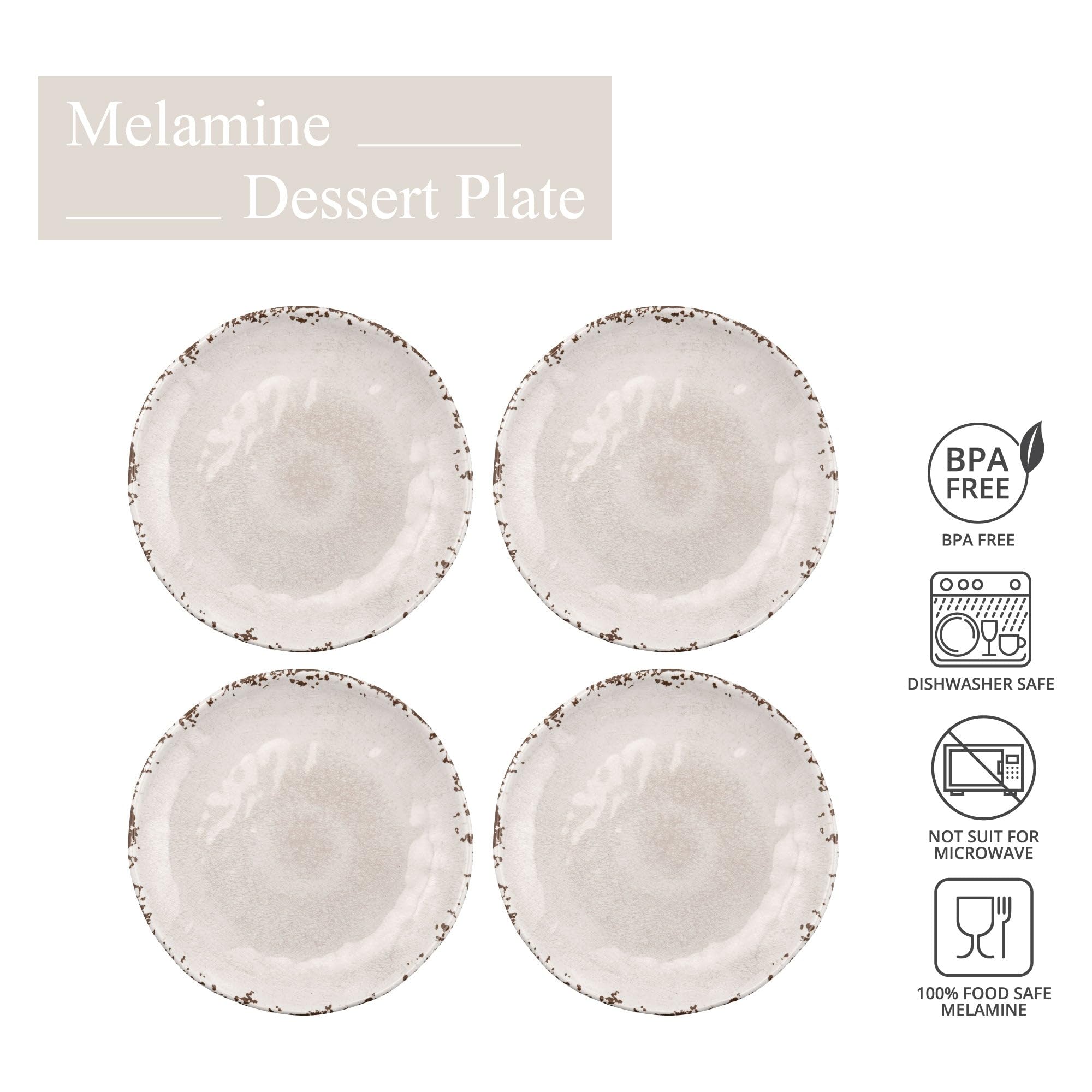 UPware Crackle Melamine Round Dessert Plates 6 Inch, Set of 4 - Small Serving Plates for Appetizers, Snacks, Side Dishes & Party Dining - Durable Cream-Colored Dishware for Restaurants, Picnics & Outdoor Entertaining