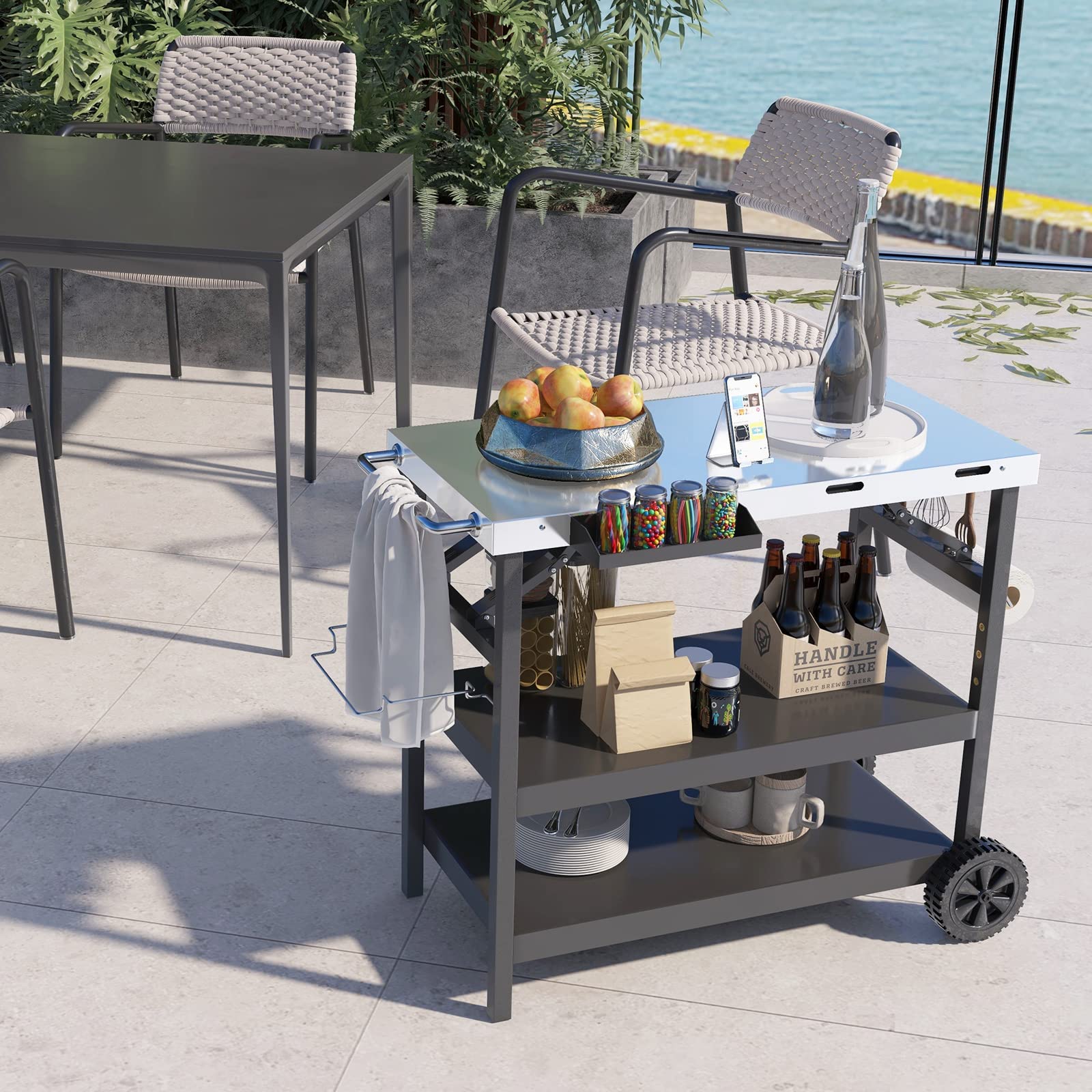 Foldable Outdoor Grill Cart with Stainless Steel Tabletop & Wheels - Portable BBQ Pizza Oven Stand, Movable Food Prep Table for Backyard, Patio, Camping & Tailgating | Perfect for Outdoor Cooking, Dining & Entertaining