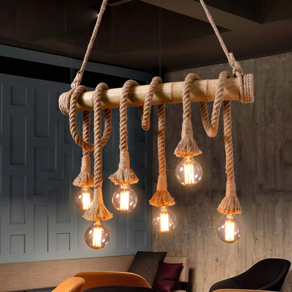 Vintage Edison Pendant Lamp - 6-Light Bamboo & Rope Chandelier with Bare Bulbs for Kitchen Island, Dining Room, Restaurant and Bar | Industrial Farmhouse Ceiling Light Fixture | Perfect for Rustic, Asian-Inspired Home Decor