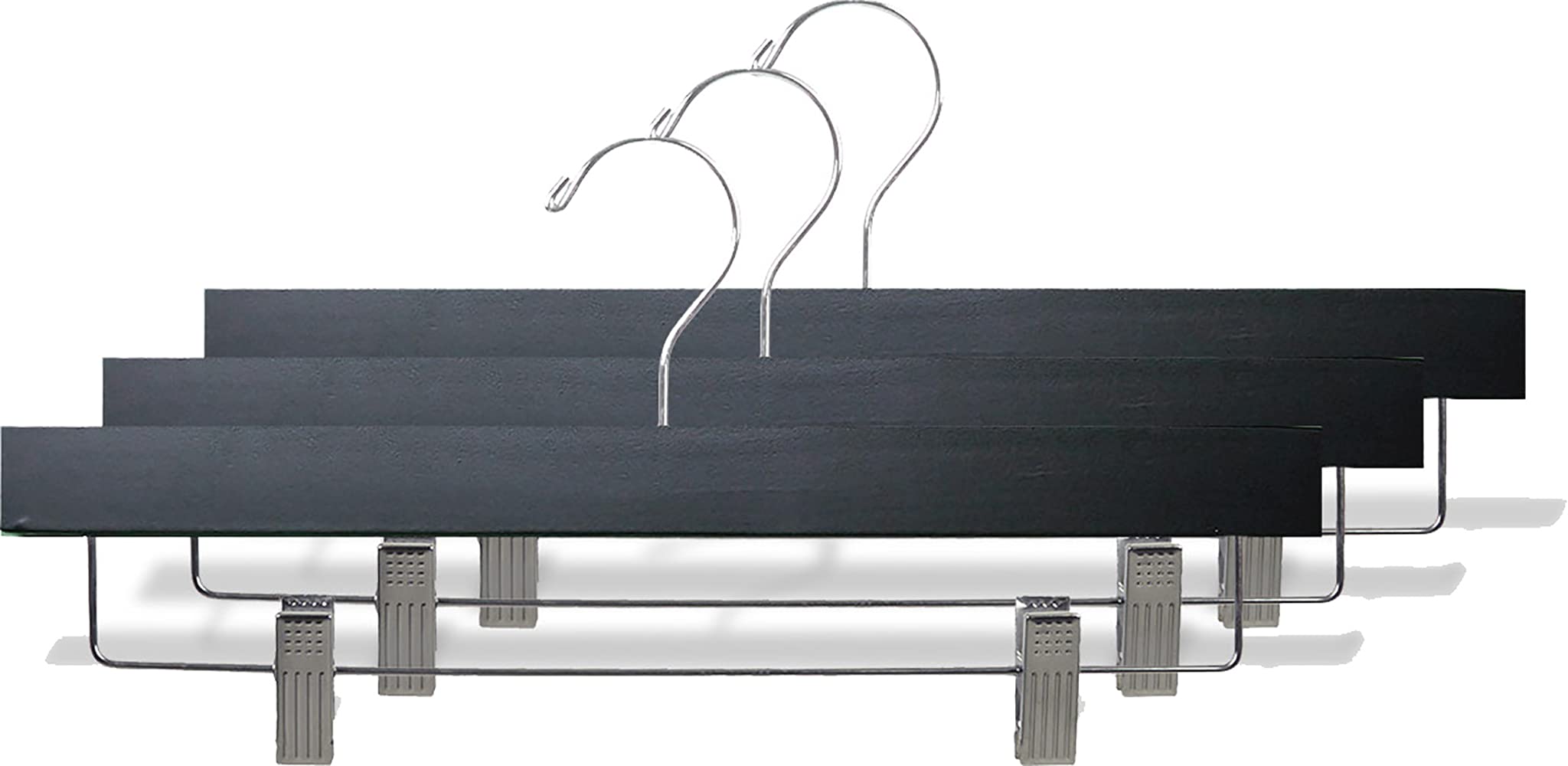 100 Pack Matte Black Wooden Bottom Hangers with Adjustable Clips - Solid Wood Pants & Skirt Hangers for Closet Organization (Perfect for Home, Retail Stores, and Dry Cleaning Businesses)