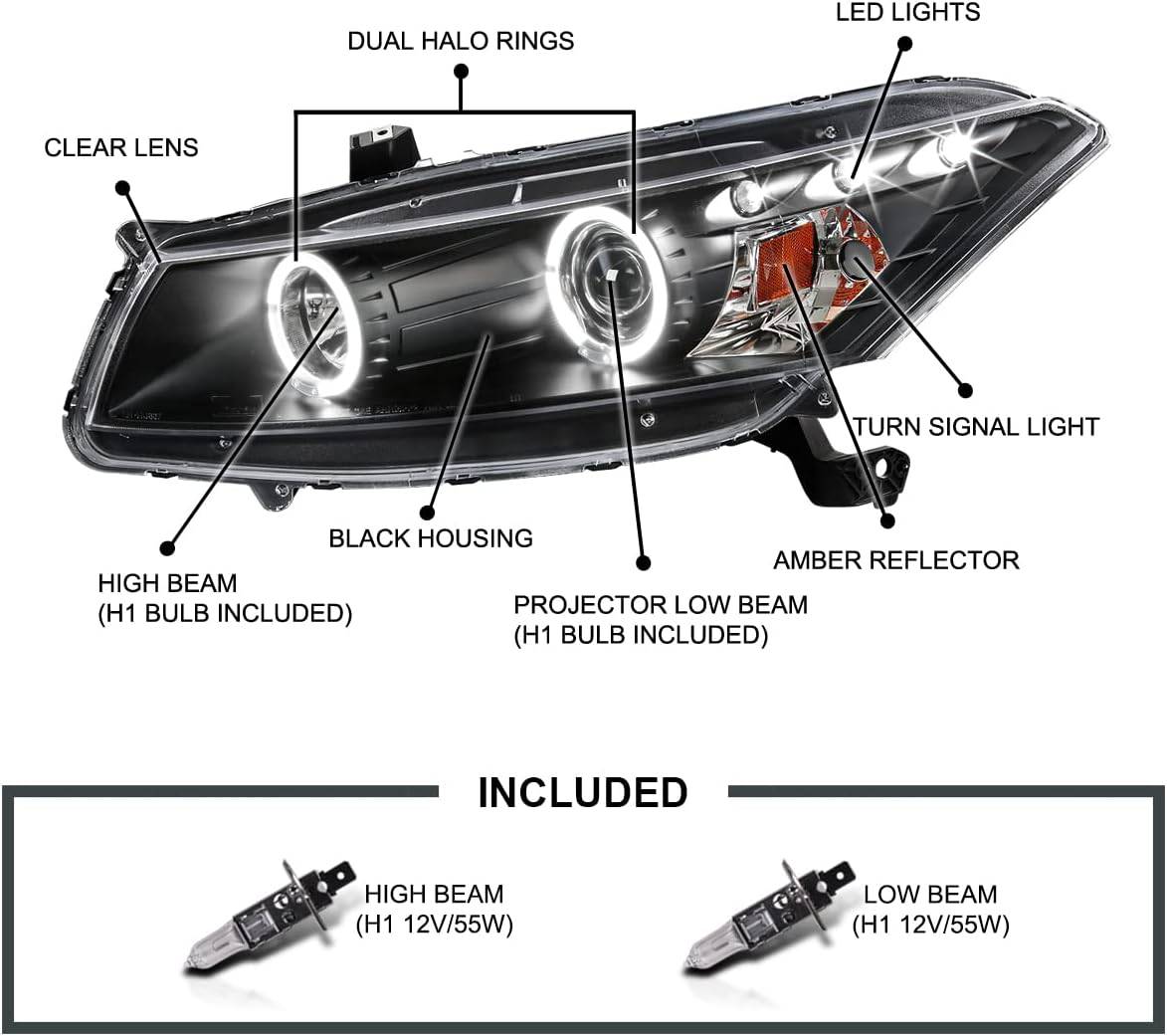 2008-2012 Honda Accord Coupe LED Halo Projector Headlights - Matte Black Housing with Clear Lens - High Performance Replacement Headlights for Night Driving & Enhanced Visibility