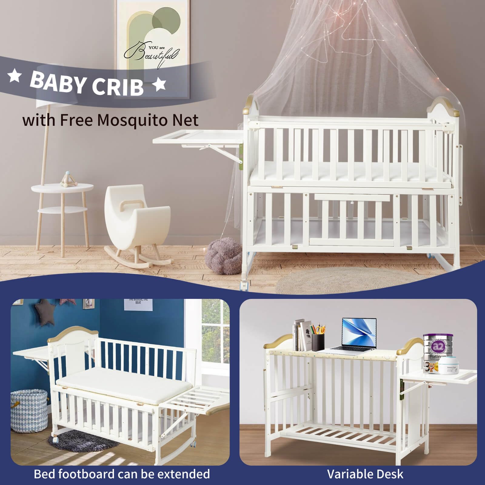 Portable Mini Baby Crib - 4-in-1 Convertible Modern Baby Bed with Foldable Storage Shelf & Mattress Included, Small Wooden Bassinet for Nursery, Bedroom & Travel, White - Perfect for Newborns, Toddlers & Space-Saving Homes