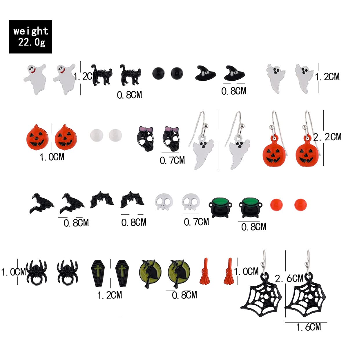 Hypoallergenic Halloween Stud Earrings for Women & Girls - Cute Cat, Bat, Pumpkin, Spider, Ghost, Witch, Skull & Skeleton Dangle Earrings Set | Perfect for Halloween Parties, Costumes & Holiday Gifts