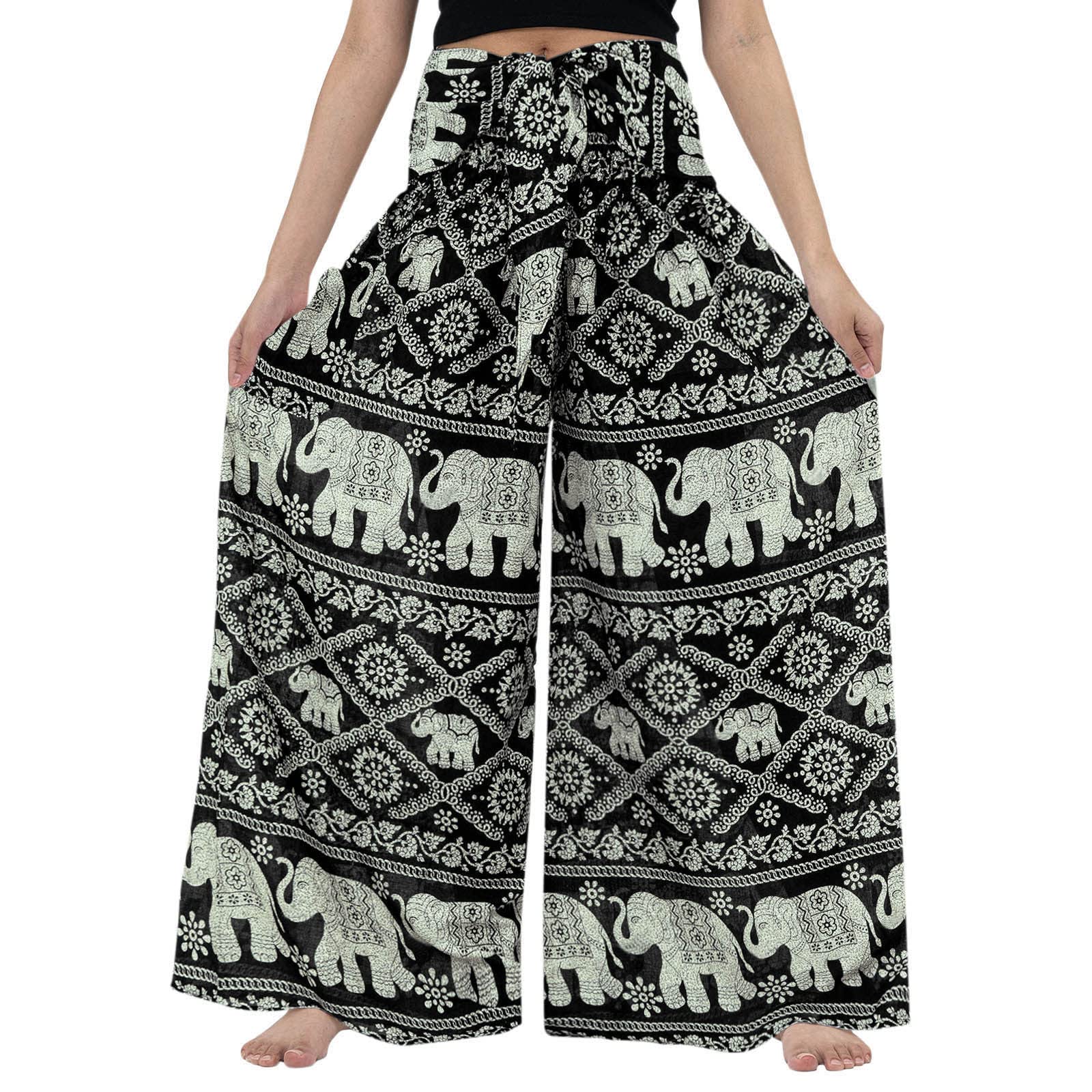 Stretchy Boho Women's Casual Lounge Pants with Pockets - Plus Size Wide Leg Yoga Pants with Waist Fold - Perfect for Yoga, Home Wear & Relaxation