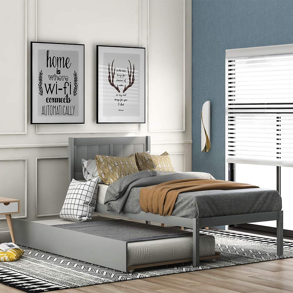 HUAYICUN Twin Size Wood Platform Bed with Trundle - Grey Kids/Teens Bed Frame with Storage Space | Perfect for Small Bedrooms, Guest Rooms & Kids' Rooms