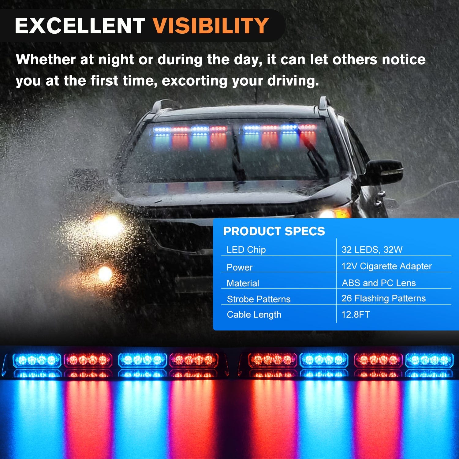 32 LED Red and Blue Emergency Strobe Lights with Suction Cups - High Visibility Warning Lights for Cars, Trucks, and Emergency Vehicles - Perfect for Roadside Safety, Construction Zones, and Hazard Warnings