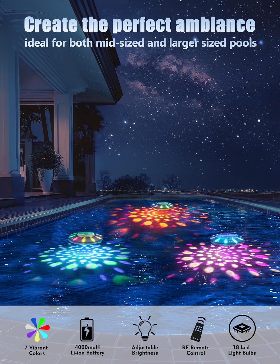 RGB Color Changing Floating Pool Lights with Remote - 6 Dynamic Lighting Effects, IP68 Waterproof for Inground Pools - Perfect for Diwali Festival, Backyard Parties & Night Swimming (4 Pack)