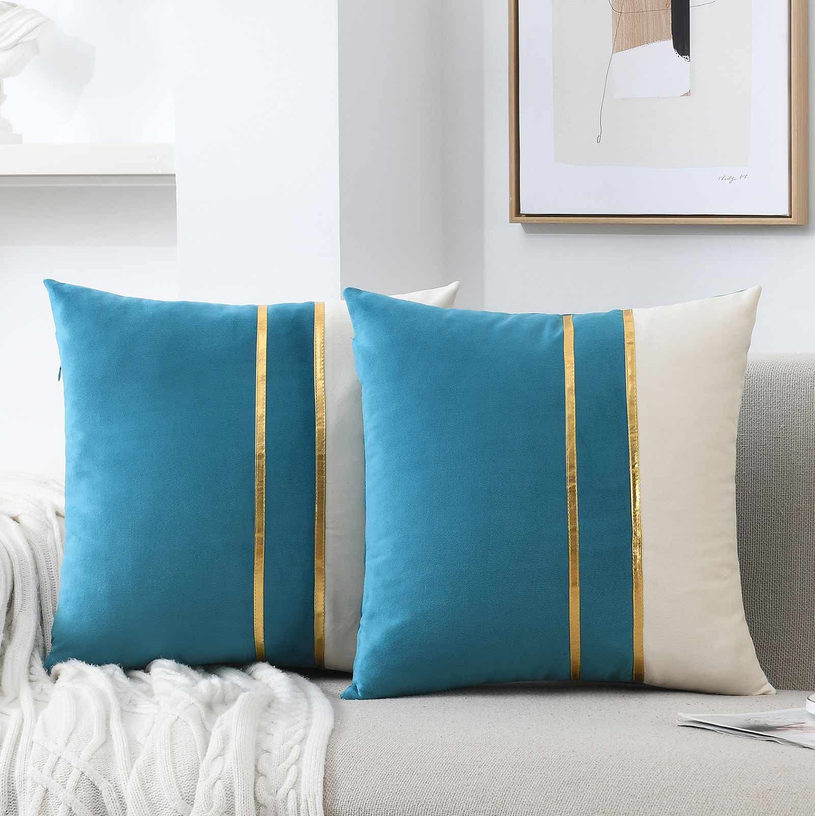 WACOMECO Velvet Throw Pillow Covers 16x16 Inches - Soft Decorative Cushion Covers with Gold Leather Trim for Sofa, Bed, Living Room & Car - Teal and White Home Decor for Cozy Comfort & Stylish Accents