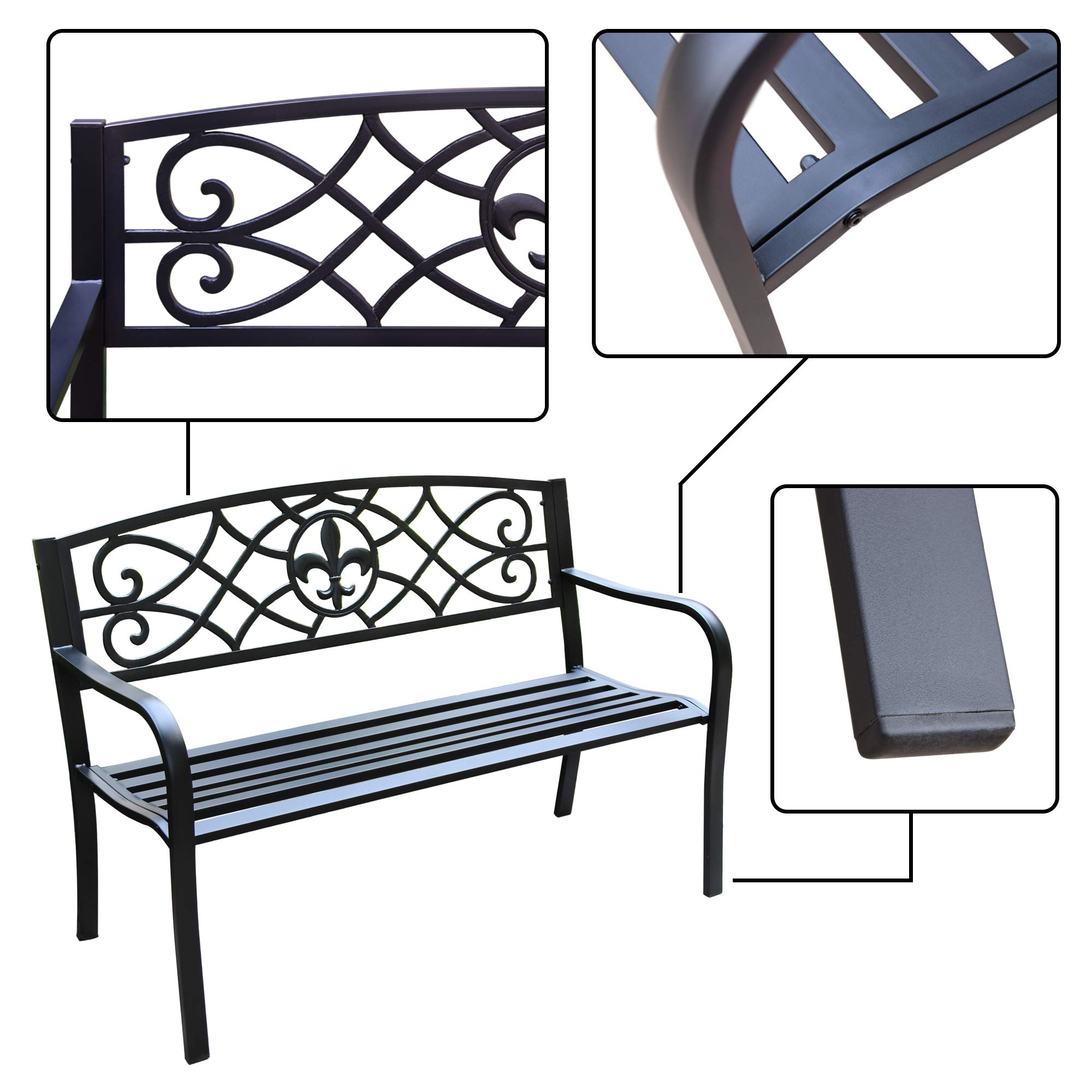 4.1 Ft Steel Frame Garden Bench - Outdoor Patio Chair for Yard, Park & Backyard - 2-Person Loveseat with Shuttlecock Design Backrest & Slatted Seat - Durable Outdoor Furniture for Gardens, Decks, Porches & Poolside Areas