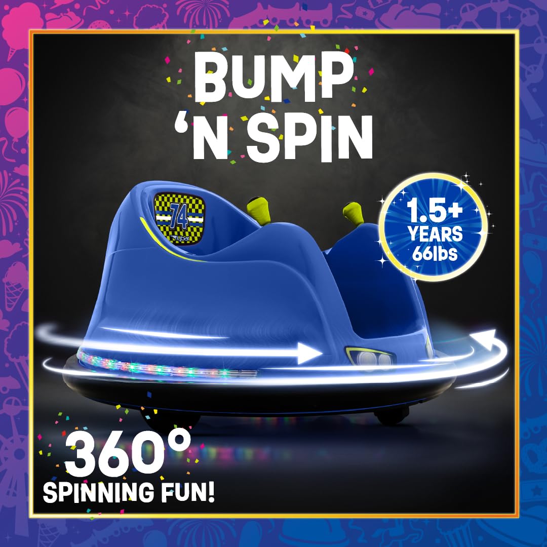 Flybar FunPark 6V Electric Bumper Car for Kids Ages 1.5-4 Years - Toddler Ride-On Toy with LED Lights & 360° Spinning - Supports 66 lbs (No Remote) - Perfect for Indoor Playrooms, Birthday Parties & Backyard Fun