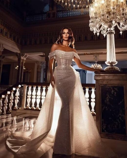 Elegant Off Shoulder Long Mermaid Wedding Dress with Sparkly Sequins - DR0001-13 | Perfect for Beach, Church, and Formal Wedding Ceremonies