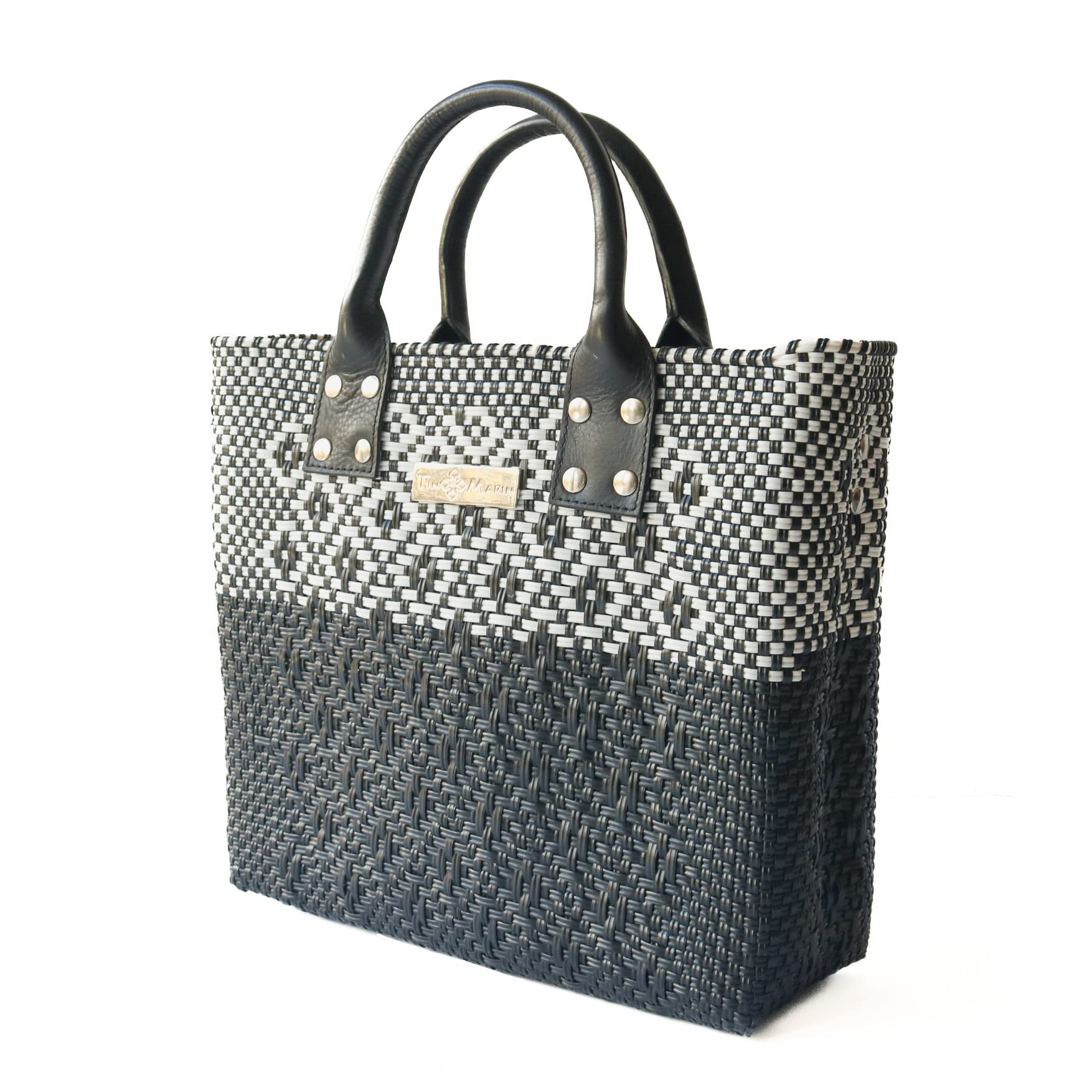 Stylish Black Large Woven Crossbody Bag with Leather Handles & Adjustable Strap - Eco-Friendly Handwoven Recycled Plastic Purse | Mexican Oaxaca Tote for Women | Perfect for Summer, Work & Everyday Use | Casual Outings, Beach Trips & Office Commute