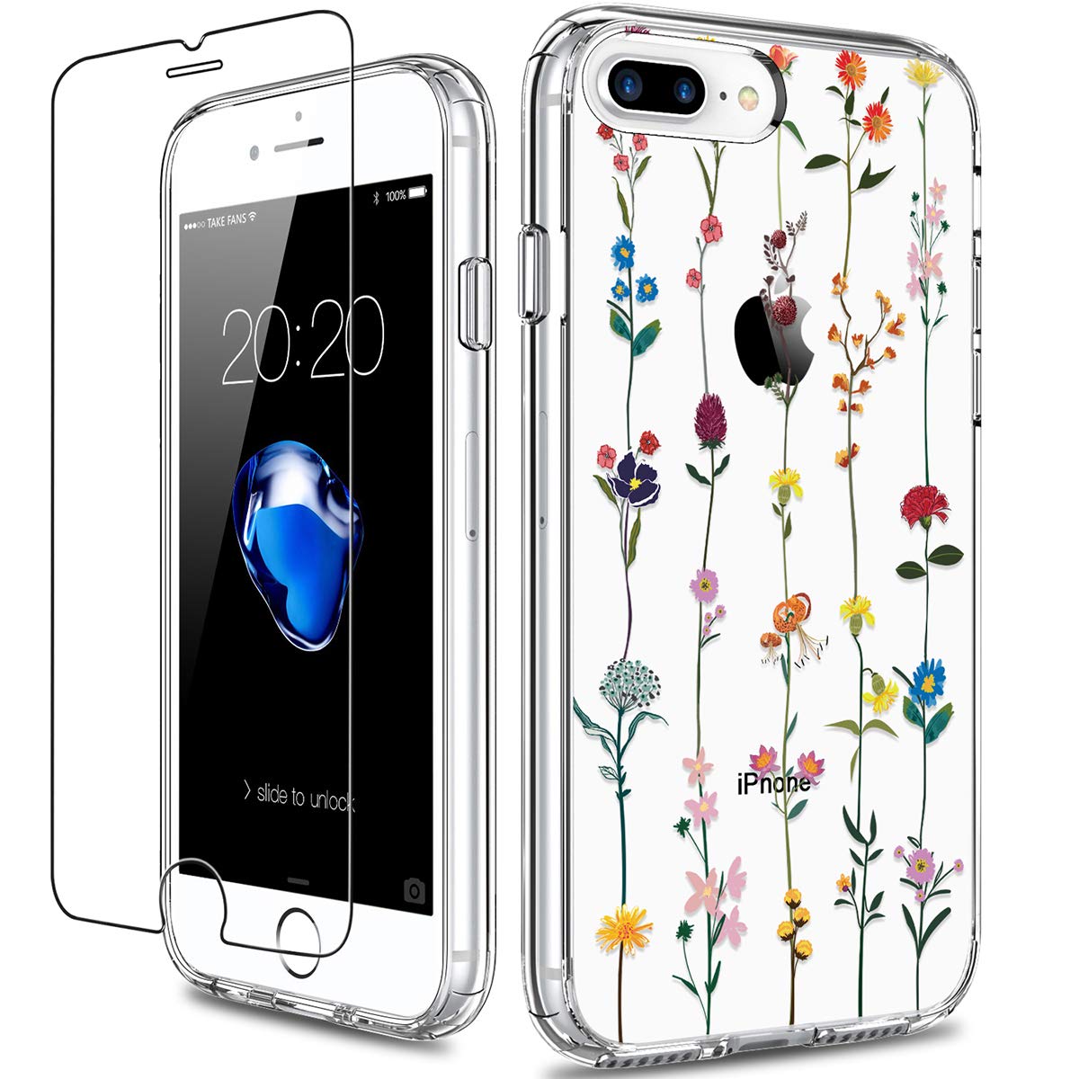 GiiKa Heavy Duty Clear Floral Hard PC Case with TPU Bumper & Screen Protector for iPhone 8 Plus/7 Plus - Colorful Flowers Design, Protective Phone Cover for Women - Perfect for Daily Use, Work & Outdoor Activities