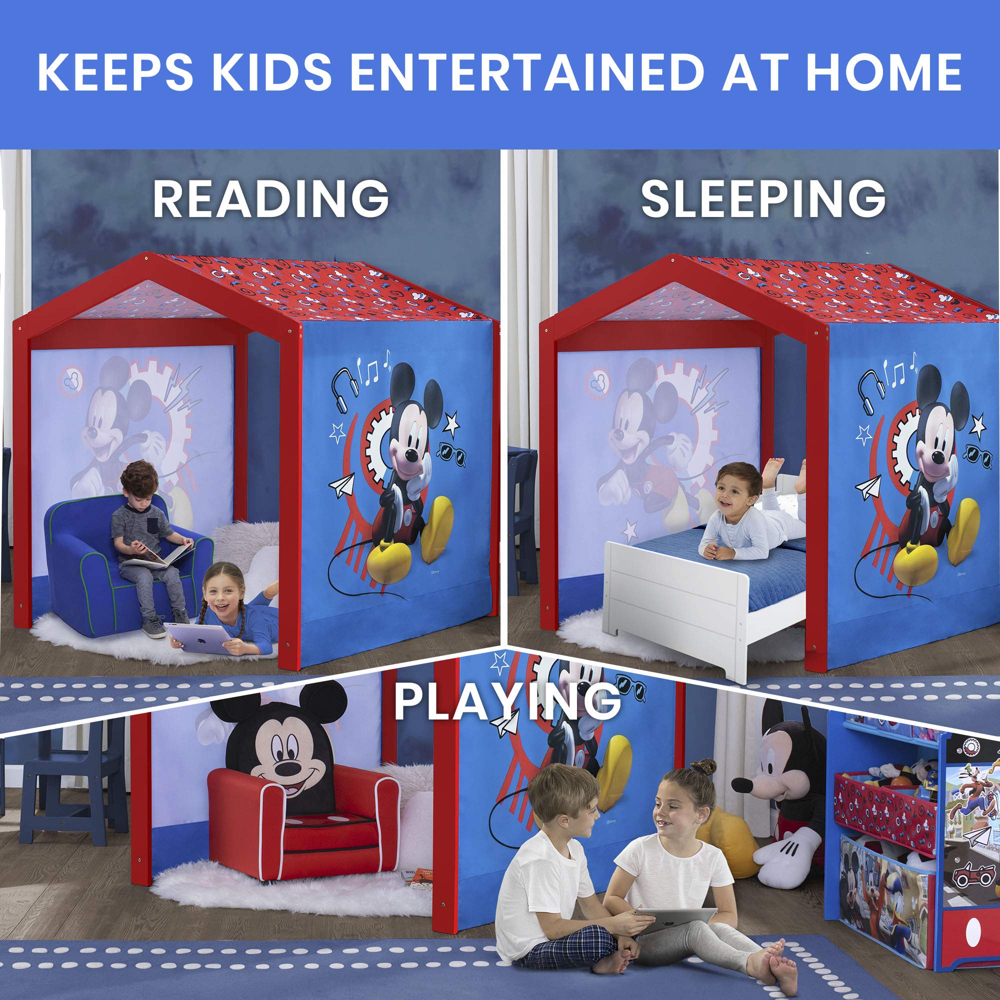 Disney Mickey Mouse Indoor Playhouse with Fabric Tent & MySize Wood Toddler Bed by Delta Children - White - Perfect for Kids' Bedroom, Playroom & Indoor Playtime