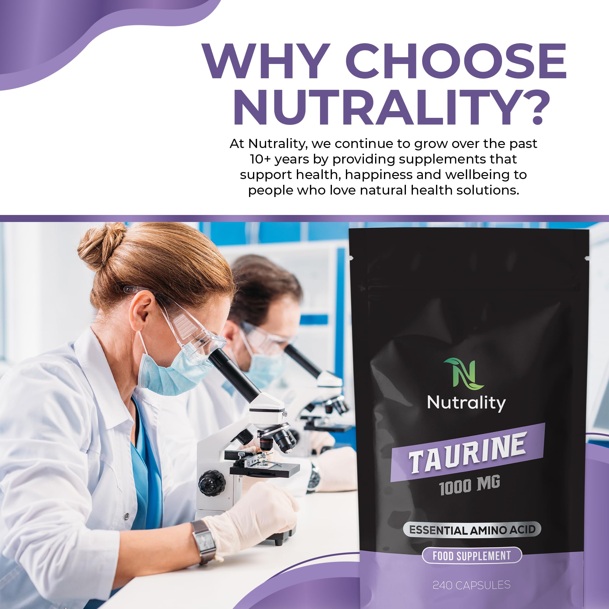 Nutrality Taurine Supplement 1000mg - Premium Energy & Endurance Booster | Vegan Amino Acid Capsules for Heart Health, Brain Function & Better Sleep | 240 Count | Great for Athletes, Students & Busy Professionals
