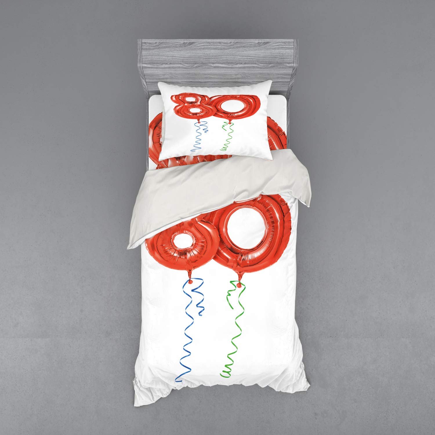 Ambesonne 80th Birthday Duvet Cover Set - 3 Piece Twin Size Bedding with Sham & Fitted Sheet, Vibrant Balloon & Swirl Print in Red Green Blue - Perfect for Grandparent Birthday Parties & Themed Bedroom Decor