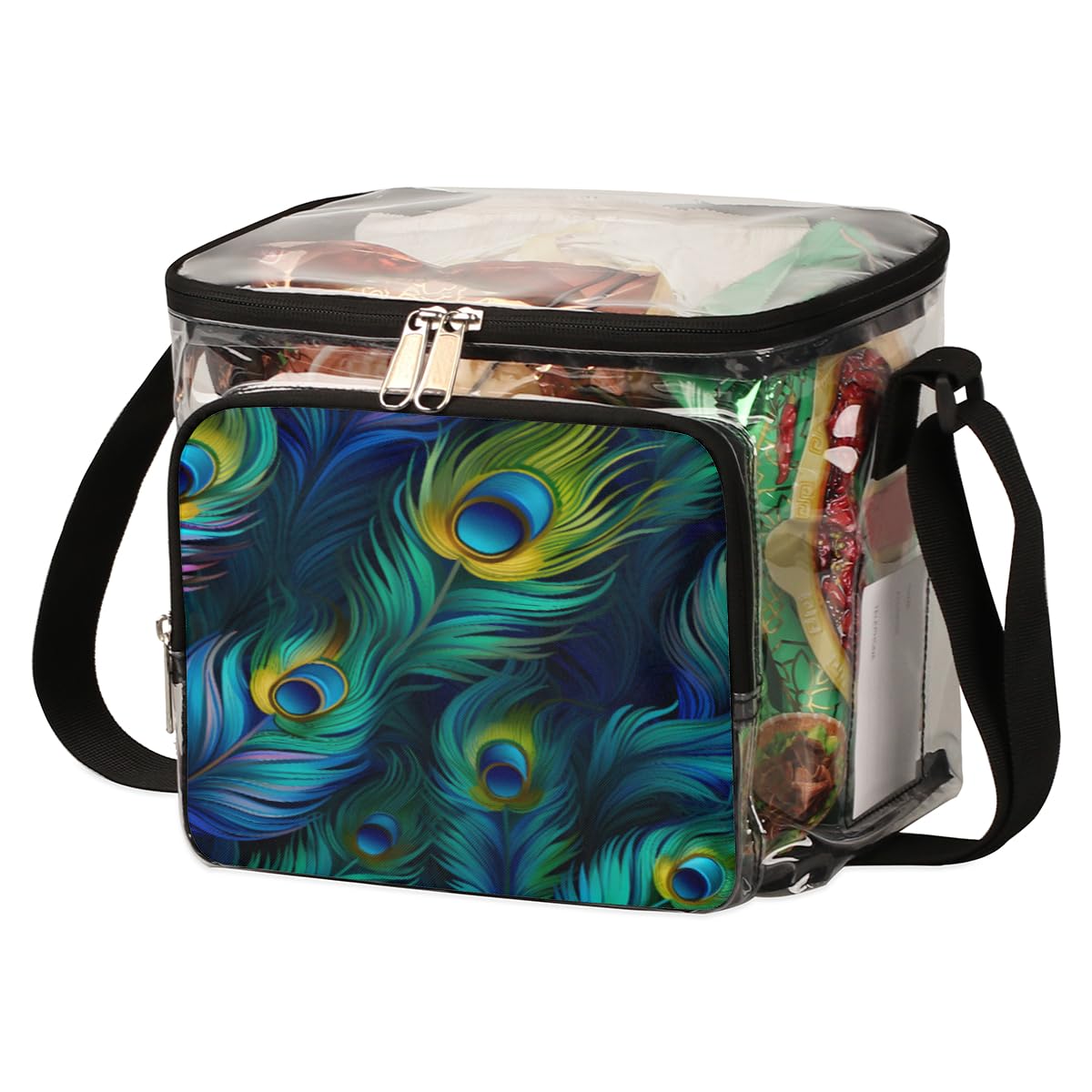 GzLeyigou Peacock Feather Clear Tote Bag with Handles - Transparent Crossbody Shoulder Bag for Lunch, Travel & Outdoor Activities | Perfect for Concerts, Picnics, Sports Events & Stadium Approved | Multi-Purpose Fashion Accessory for Women & Girls