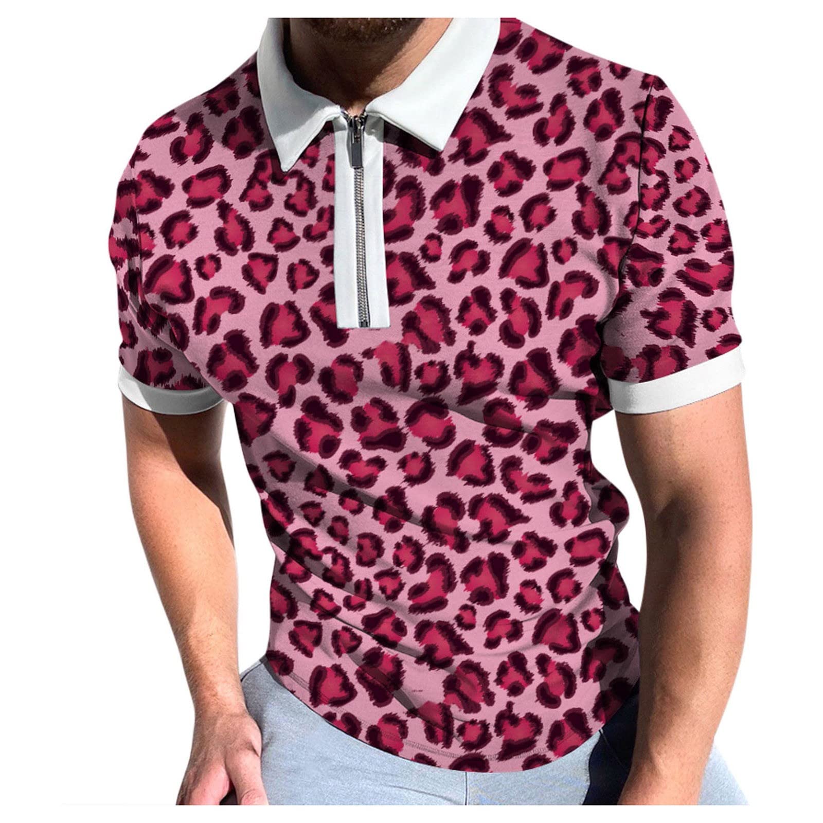 Men's Printed Polo Shirts - Leopard Print Casual Golf Shirt Slim Fit Stretch Short Sleeve Zipper Top | Perfect for Golf, Office & Summer Outings