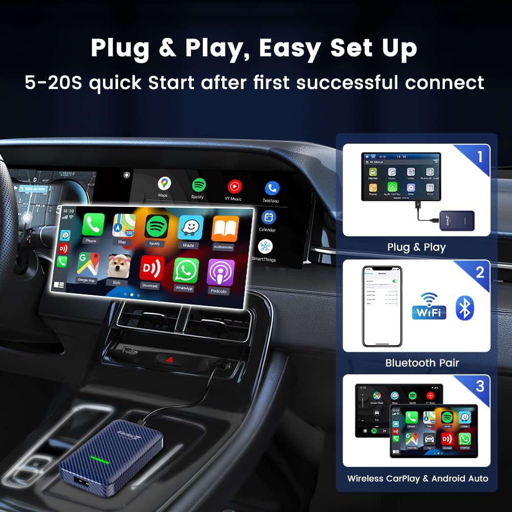 2024 Upgraded CarlinKit 4.0 2-in-1 Wireless CarPlay & Android Auto Adapter - Plug & Play Converter for OEM Wired to Wireless - 5.8GHz Low Latency - Perfect for Commuting, Road Trips & Hands-Free Driving