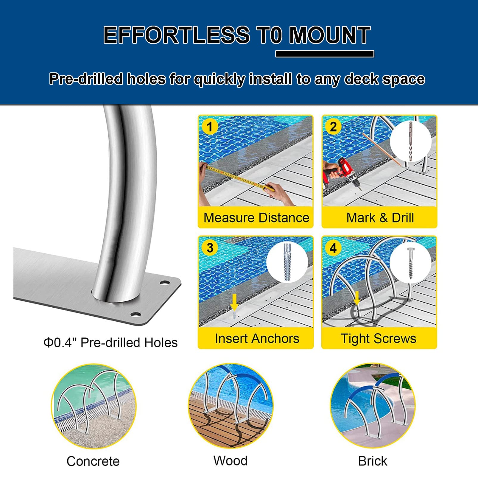 304 Stainless Steel Inground Pool Handrail - Rustproof Safety Railing with Blue Grip Cover & Anchors Screws for Swimming Pool Stairs | Durable Pool Accessory for Safety & Easy Entry/Exit