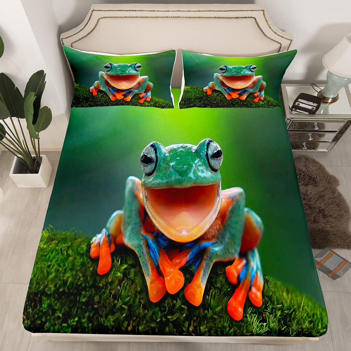 Kids Frog Bed Sheet Set - Super Soft Microfiber Green Tropical Frog Decor for Boys & Girls | Deep Pocket Fitted Sheet | Cute Wild Animal Bedding | Perfect for Kids' Bedroom, Nursery, or Playroom Decor