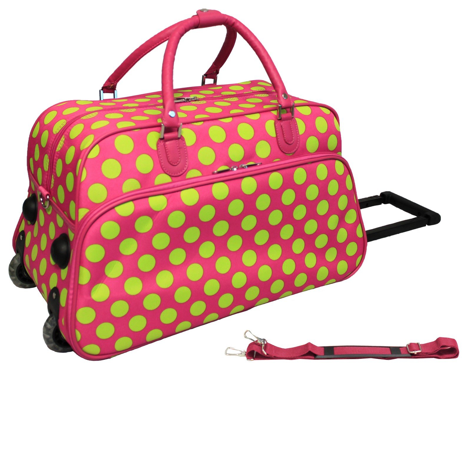 World Traveler 21-Inch Carry-On Rolling Duffel Bag with Wheels - Fuchsia Lime Dot II Design for Air Travel, Weekend Getaways & Gym Essentials