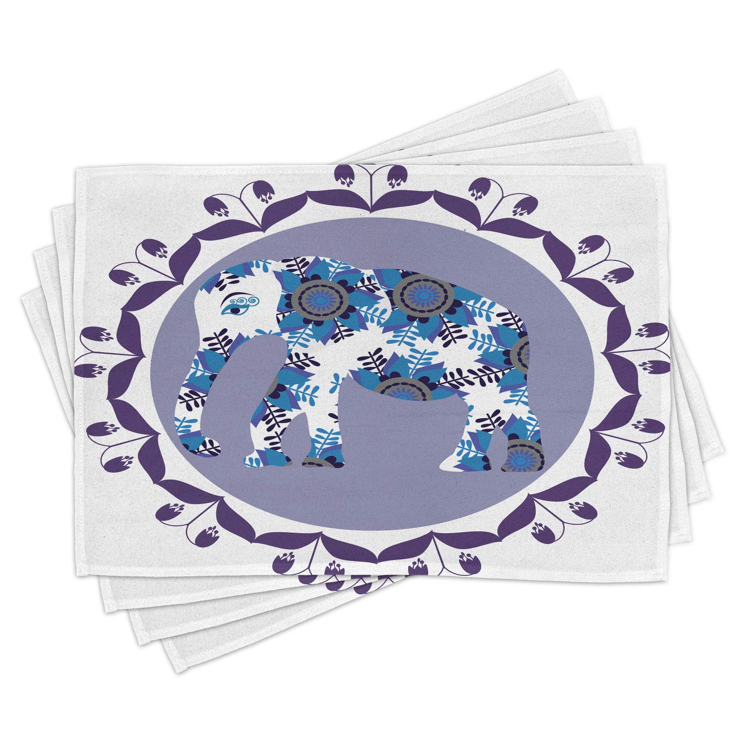 Ambesonne Floral Placemats Set of 4 - Elephant & Tulip Flower Pattern Round Washable Fabric Dining Table Mats, Standard Size in White Lilac & Blue - Perfect for Home Decor, Dinner Parties & Everyday Use