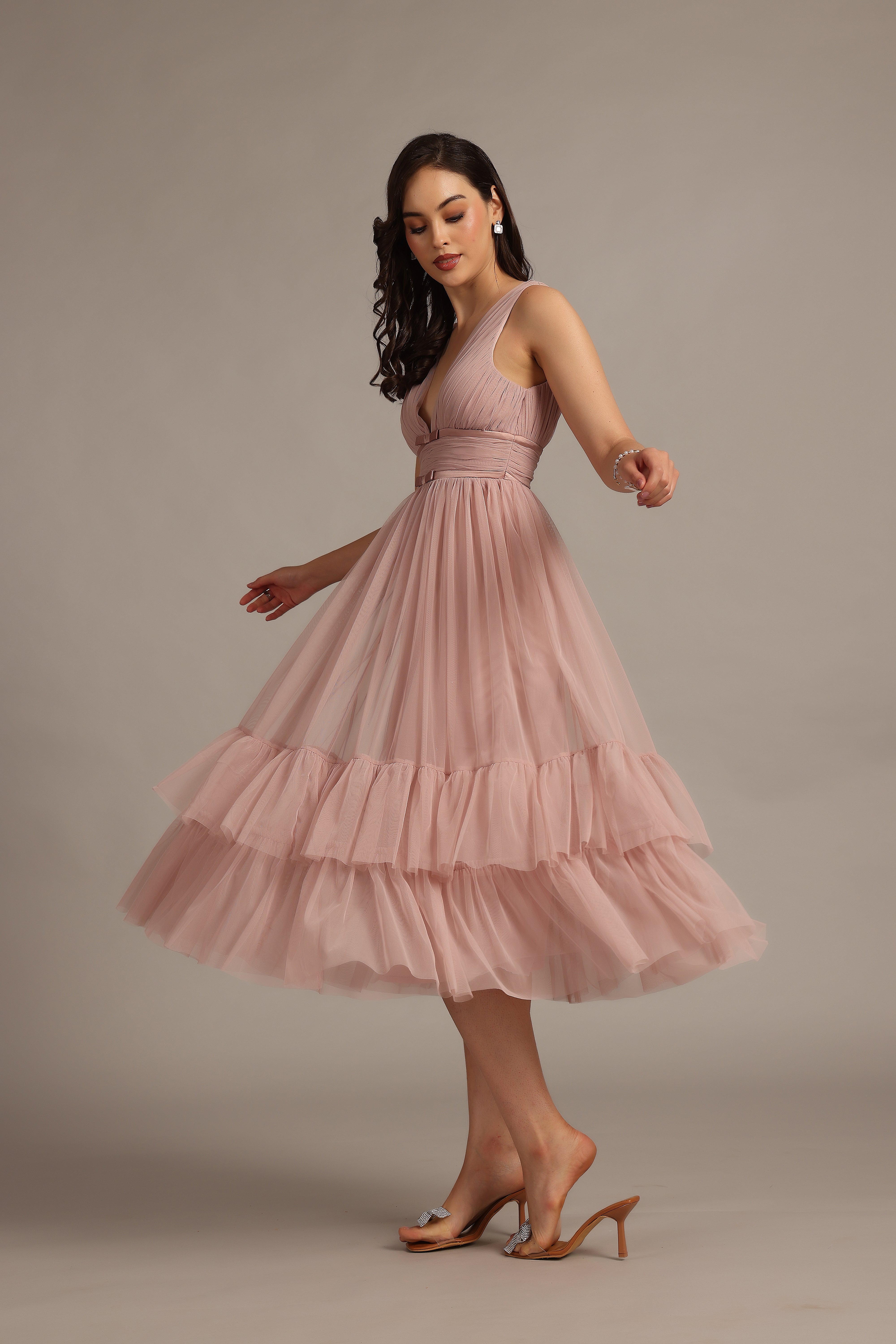 Nymeria Soft Pink Midi Dress - Elegant Flowy Women's Summer Dress for Weddings, Parties & Casual Outings