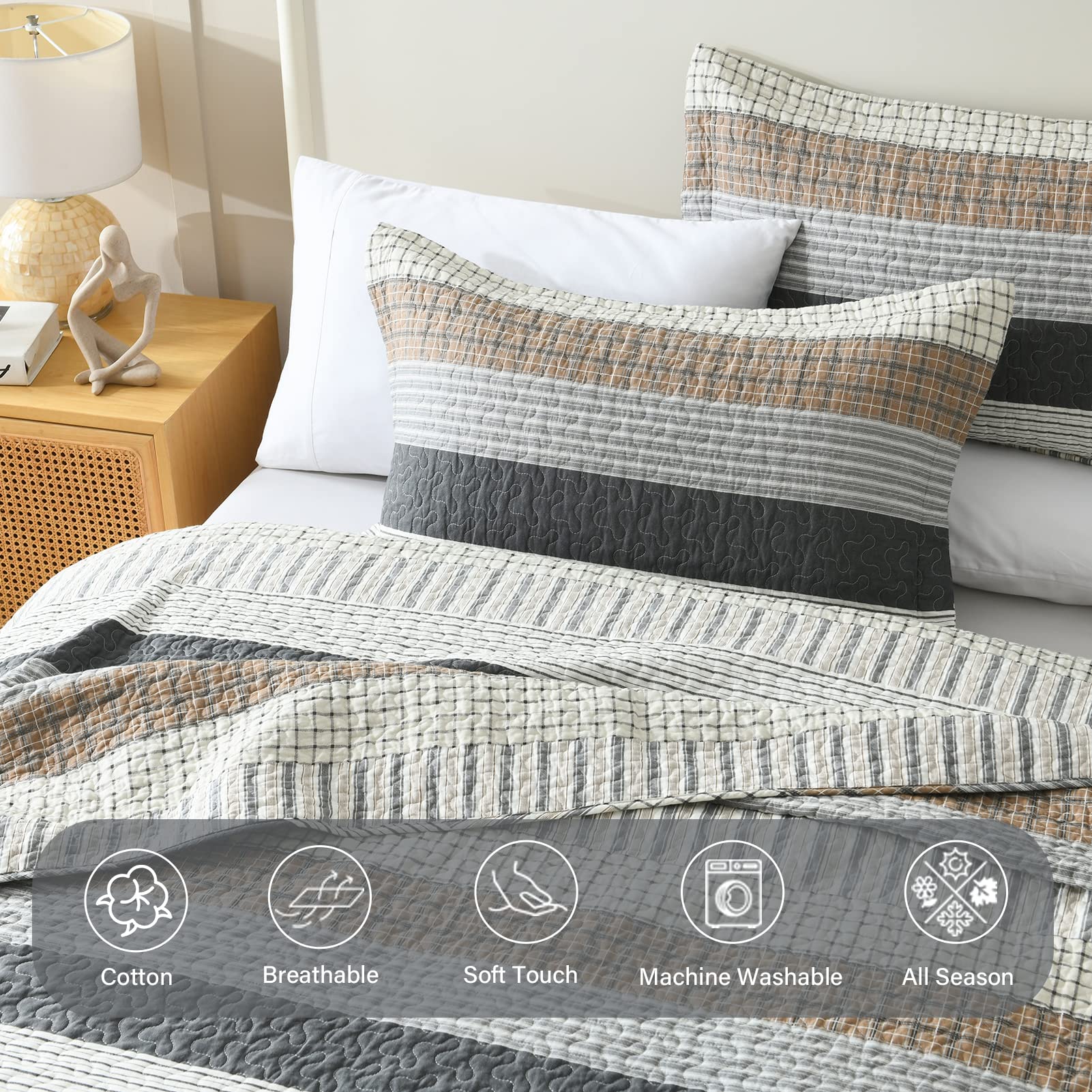 Finlonte King Size Quilt Set - 100% Cotton Reversible Lightweight Comforter, Grey Striped Farmhouse Bedding (3-Piece) - Perfect for All Seasons, Master Bedroom & Guest Room Decor