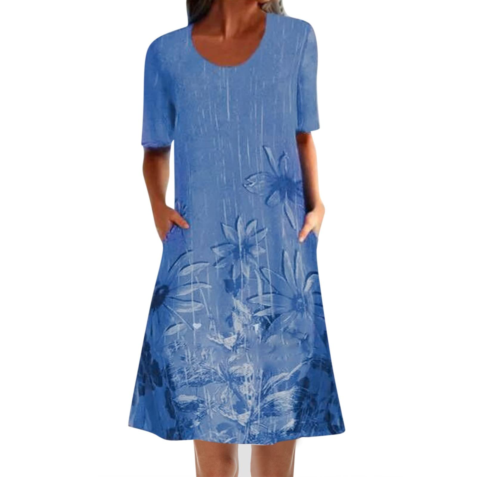 Boho Floral Print Short Sleeve Women's Dress - Round Neck Loose Fit Party Dress with Pockets | Elegant & Sexy Summer Outfit for Beach, Wedding & Casual Wear