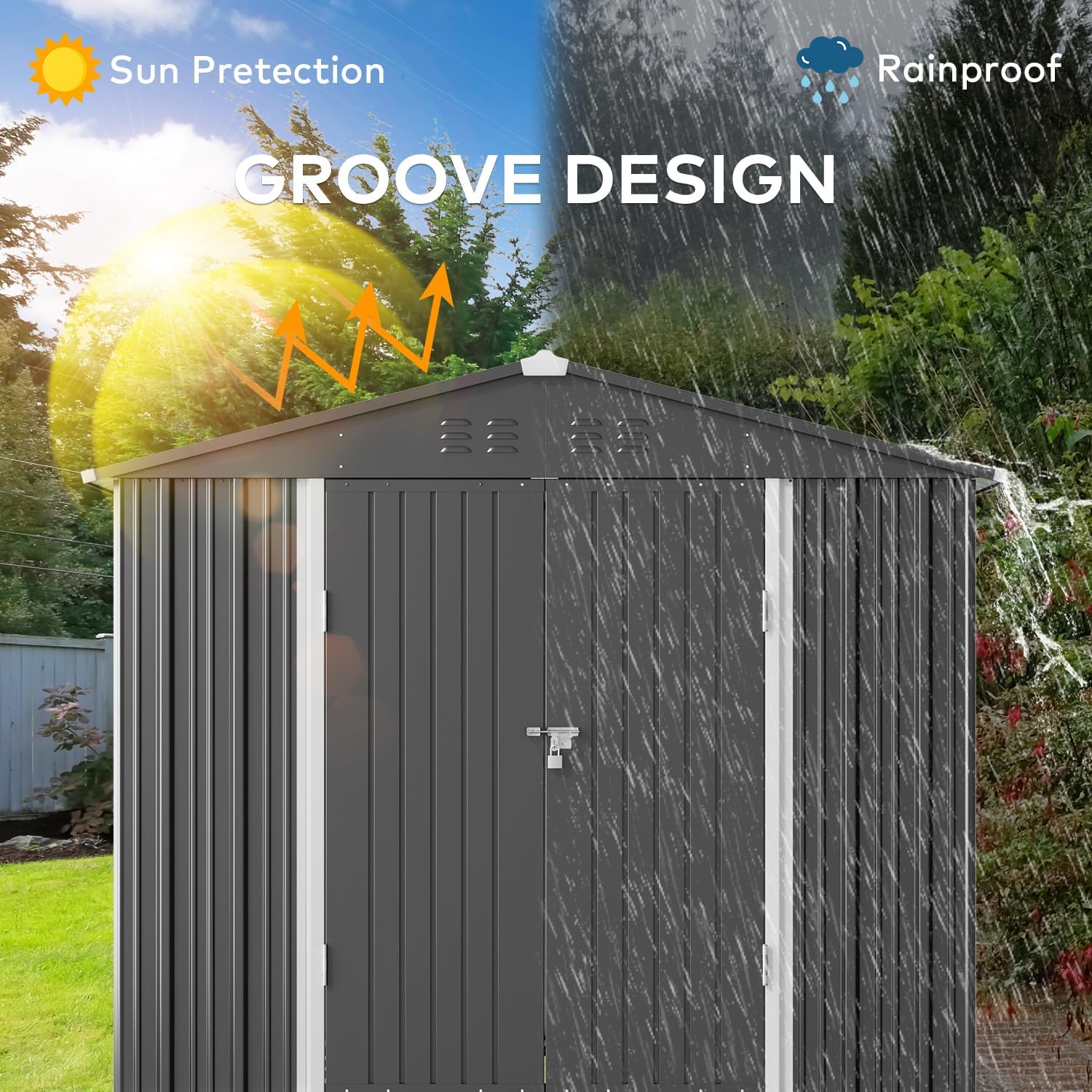 Gizoon 8x6 FT Galvanized Metal Outdoor Storage Shed - Double Lockable Doors, Weatherproof Garden Shed for Backyard, Patio & Lawn Organization (Dark Grey) | Perfect for Storing Tools, Equipment & Seasonal Items