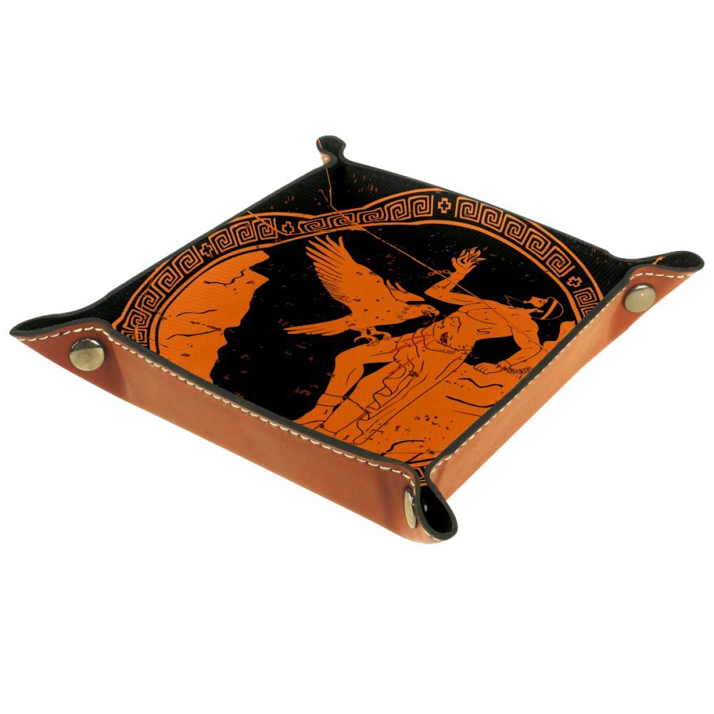 Premium Leather Valet Tray with Ancient Greek God Prometheus Design - Jewelry Organizer Box for Watches, Keys, Wallets & Phones | Stylish Desktop Decor for Home & Office Use
