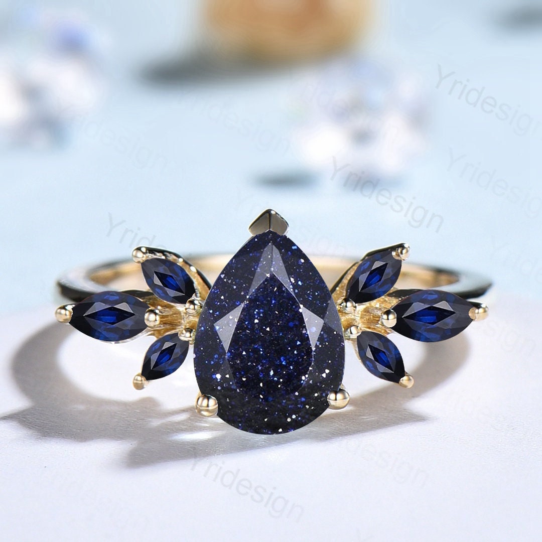 Blue Sandstone Pear Shape Ring - Vintage Galaxy Starry Sky Engagement Ring with Marquise Blue Sapphire Cluster, Women's Wedding Band & Proposal Gift for Anniversary, Valentine's Day & Special Occasions