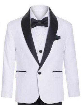 Boys White Shawl Collar Tuxedo Suit for Weddings, Prom & Formal Events - Classic Elegant Dress Outfit for Kids