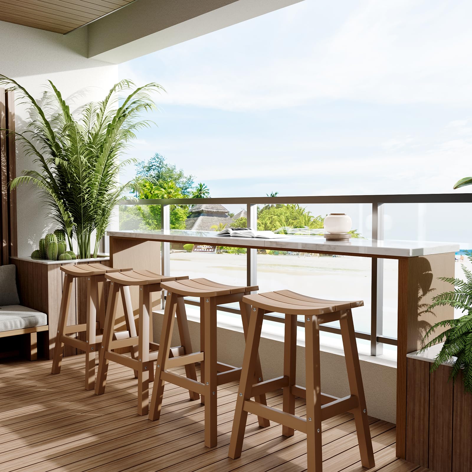 All-Weather Bar Stools Set of 4 - Durable Patio Barstools That Never Rot or Fade - Perfect for Outdoor Bar, Kitchen Counter, Deck & Backyard - Teak Wood Bar Height Stools for Dining & Entertaining
