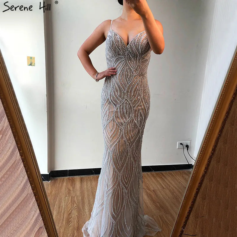 Elegant Nude White Mermaid Evening Gown with Spaghetti Straps - Luxury Women's Formal Dress for Prom, Wedding & Special Occasions - Serene Hill Collection 2025 LA70214