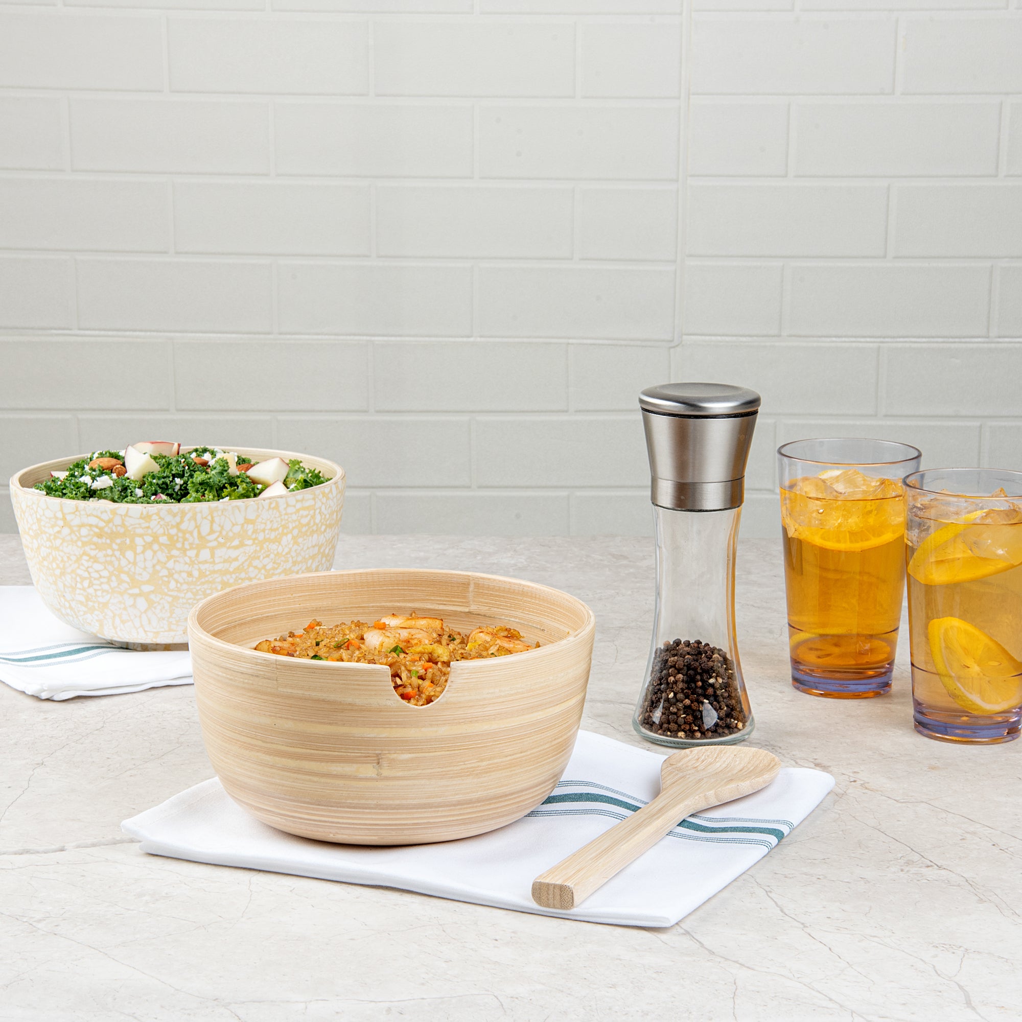 Bambuddha 25 oz Round Natural Bamboo Serving Bowl with Spoon - Eco-Friendly, Durable 7.75