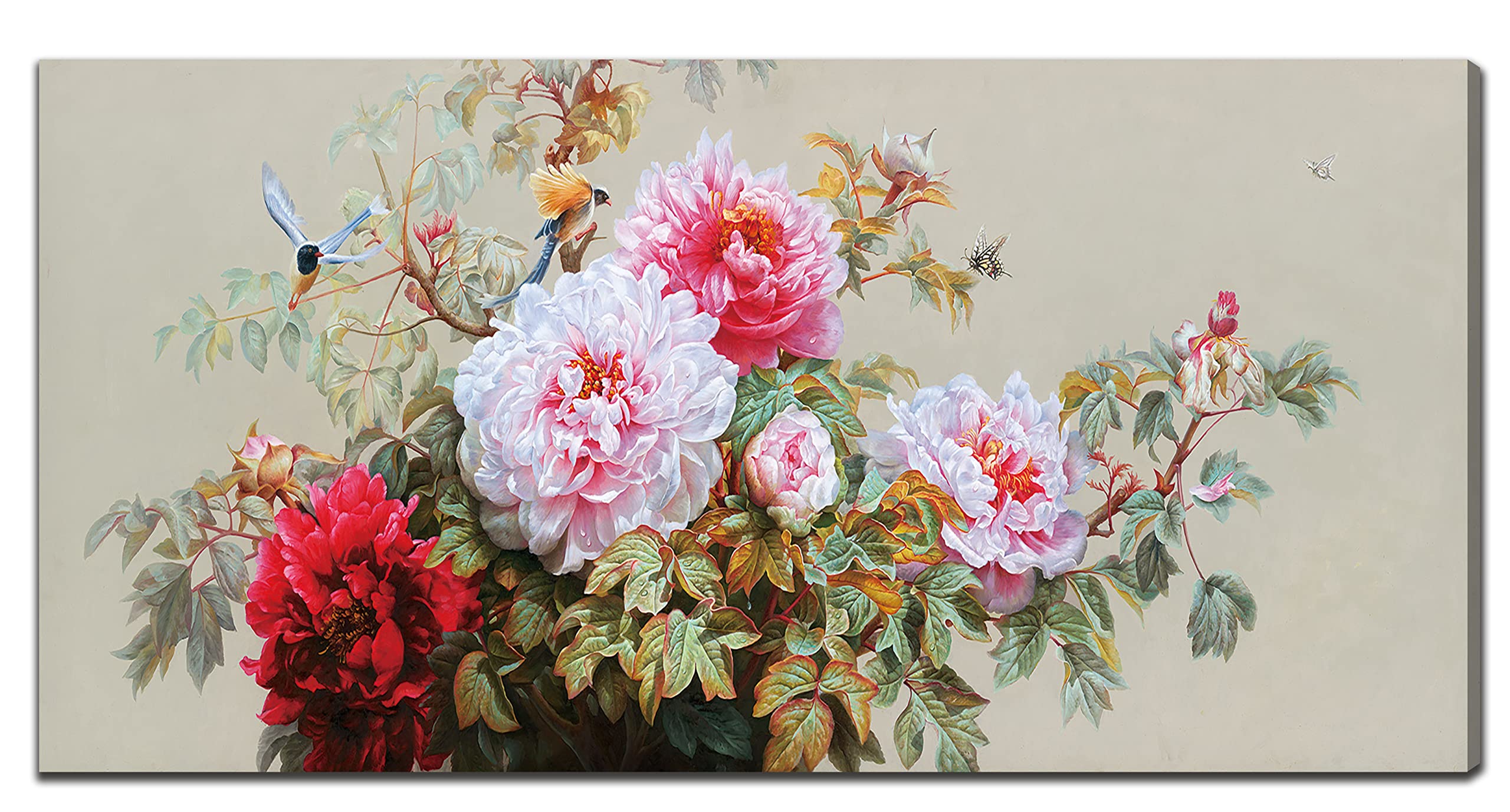 MATYBATE Peony Flower Canvas Wall Art - Hand Painted Realistic Blooming Peony Oil Painting with Birds, Modern Home Decor for Living Room, Bedroom & Office (30