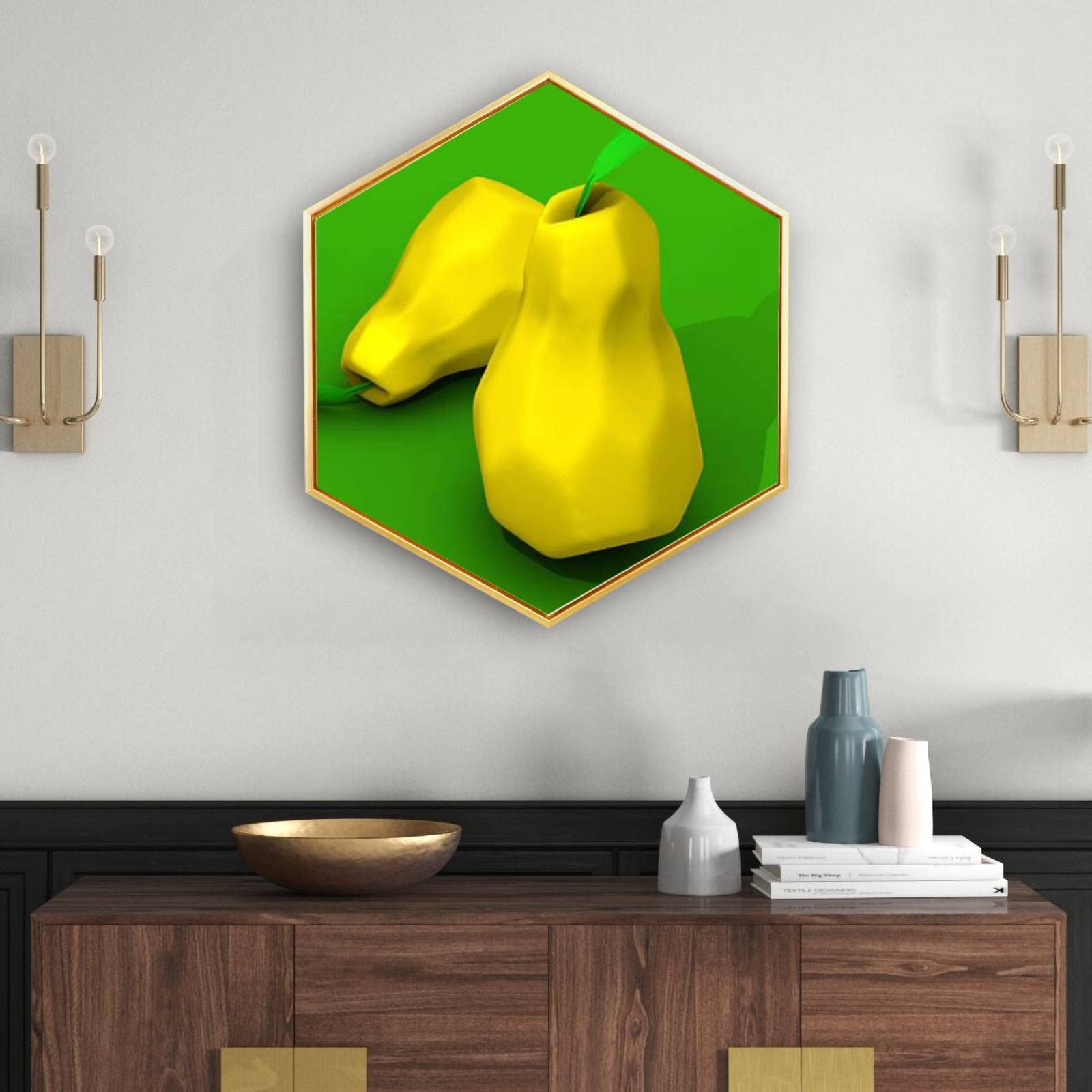 Golden Pear Canvas Wall Art - Modern Minimalist Hexagon Framed Giclee Prints for Home & Office Decor - Ready to Hang | Perfect for Living Room, Bedroom & Workspace