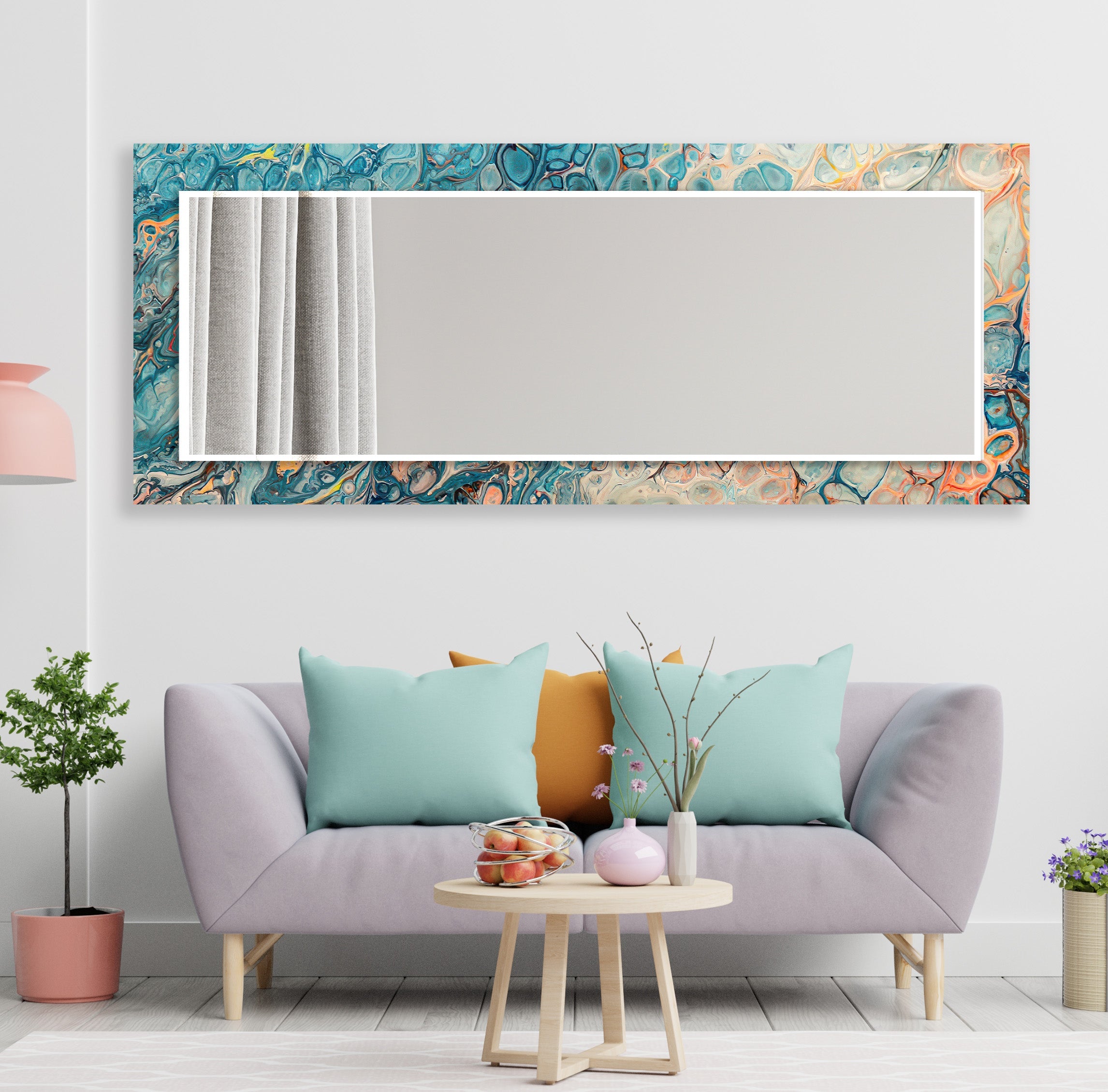 Blue & Beige Abstract Wall Mirror - Modern Decorative Round Mirror for Living Room, Bedroom, Entryway - Boho Home Decor Accent Piece for Wall Hanging