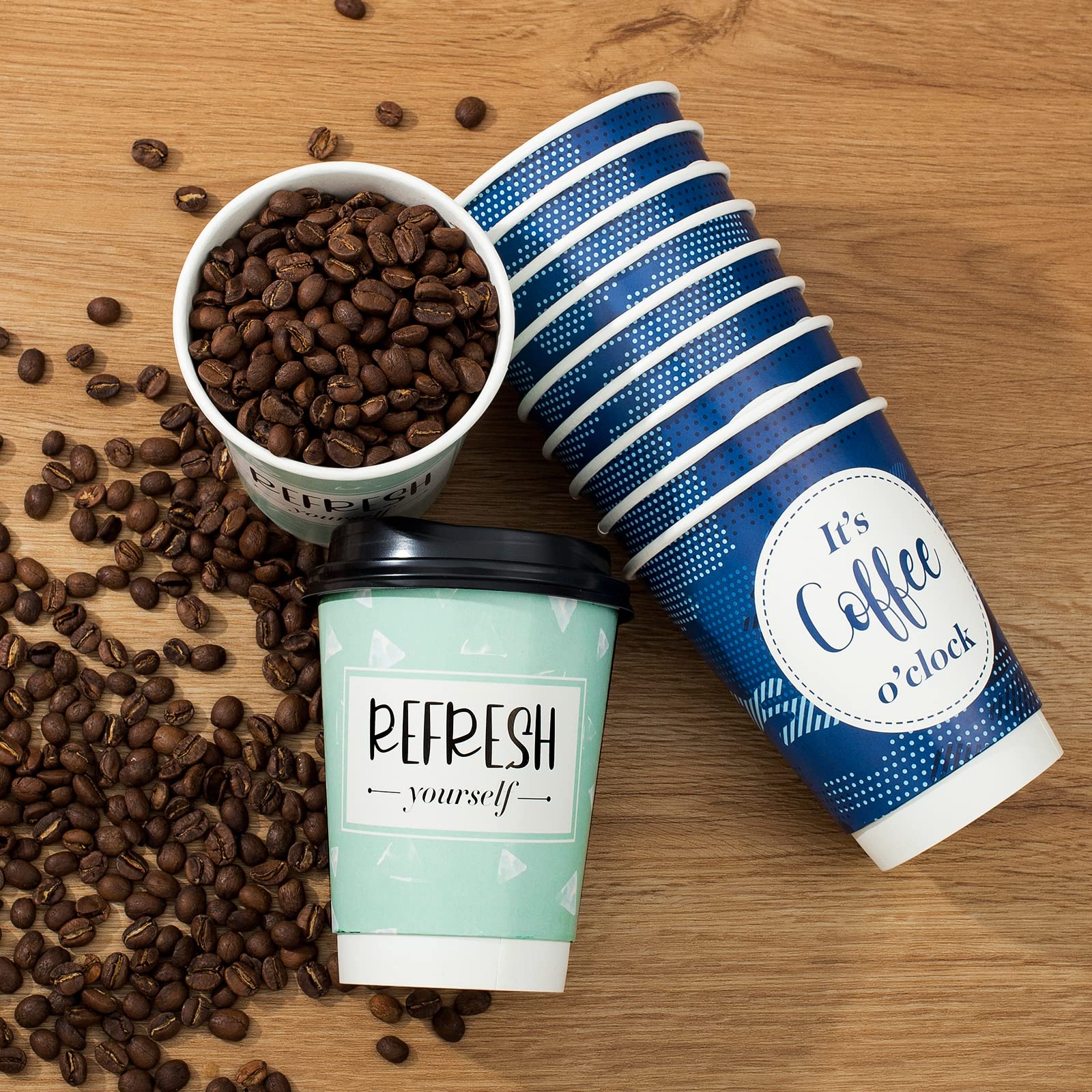12 oz Disposable Coffee Cups with Lids - 50 Pack Double-Walled Insulated Paper Cups for Hot & Cold Drinks | Fun Designs | Perfect for Office, Coffee Shops, Parties & Takeout