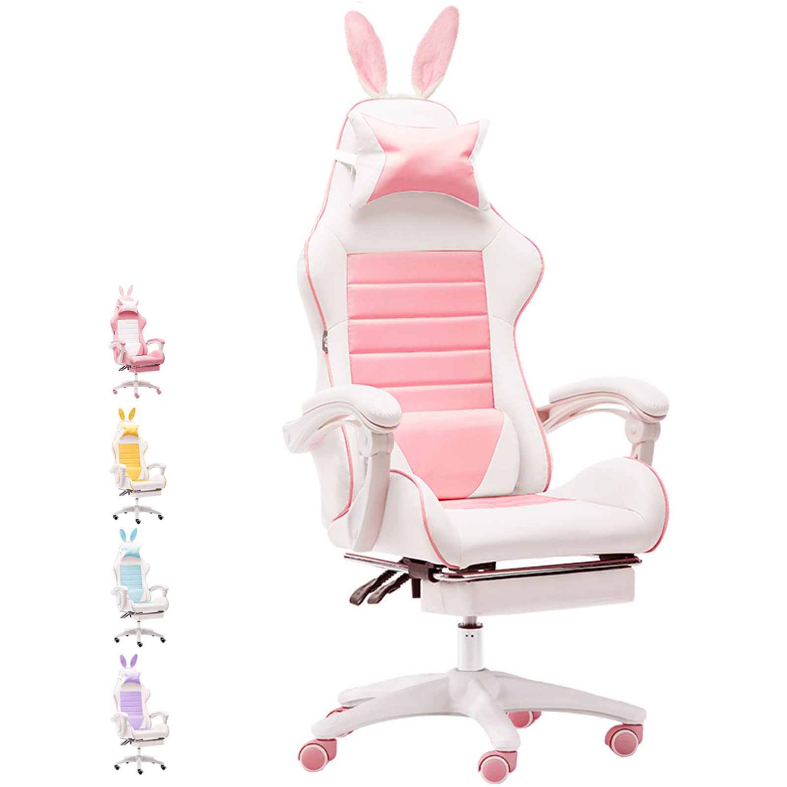 Pink Gaming Chair for Girls - Ergonomic Computer Chair with 150° Recline, Removable Rabbit Ear Cushion & Footrest - Leather Swivel Chair for Gaming, Streaming, and Office Work