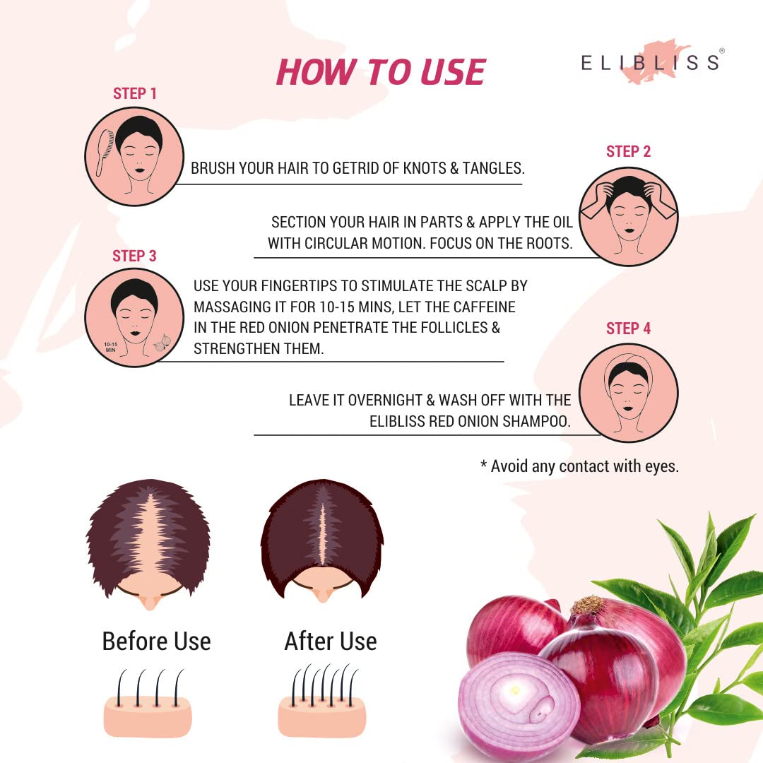 ELIBLISS Red Onion Hair Oil - Promotes Growth & Reduces Hair Fall (100ml) for Silky Hair at Home & Salon
