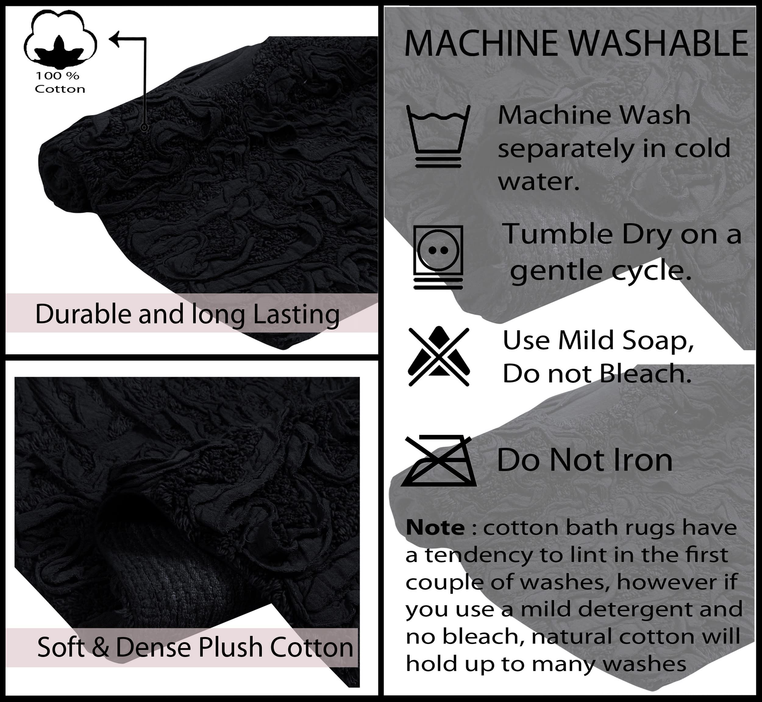 Premium 100% Cotton Tufted Bath Rugs Set - Ultra Soft & Absorbent Non-Slip Bathroom Mats - Machine Washable 4-Piece Contour Design (Black) - Perfect for Master Bath, Guest Suite & Spa-Style Showers