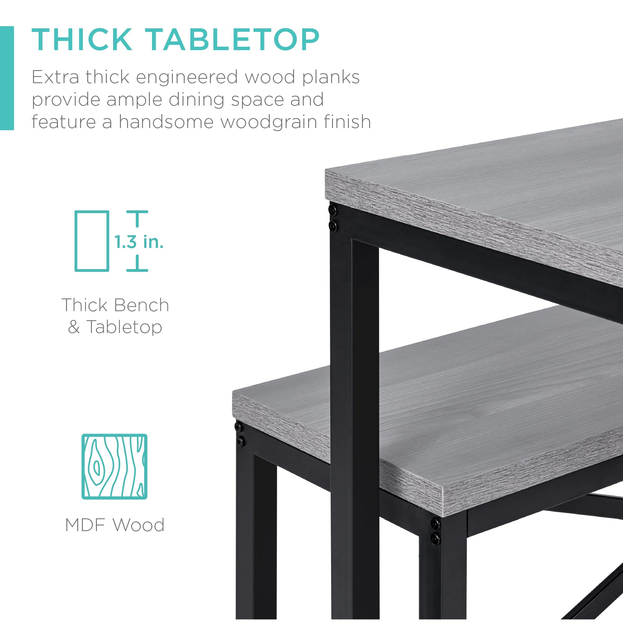 Best Choice Products 45.5in 3-Piece Space Saving Dining Set with Table & 2 Benches - Gray/Black for Kitchen, Small Apartment, Breakfast Nook | Compact 4-Person Dinette Furniture for Dining Room & Kitchenette